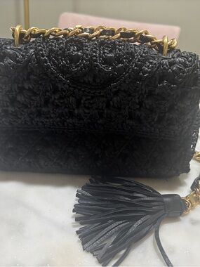Tory Burch Black Woven Crossbody with Gold Chain and Tassel
